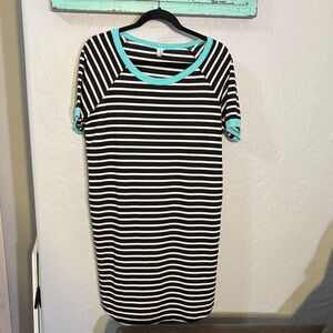 Black and White Striped Midi Dress with Teal Trim and Pockets
